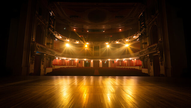 Empty theater stage with golden lights and red seats image