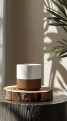 Mug mockup, with a wooden slice base with a green plant in the back of the scene