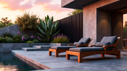 Modern backyard at sunset with wooden lounge chairs and swimming pool framed by purple flowers and tall greenery