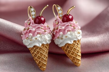 Elegant ice cream jewelry earrings shaped like miniature sundaes and cones