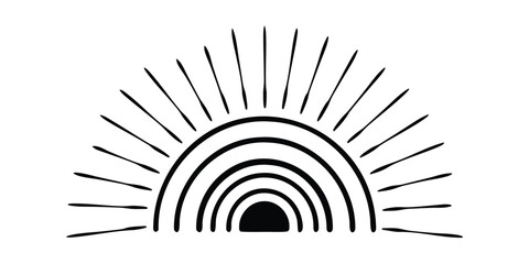 Stylized sun with radiating lines and concentric arches in black and white design element art