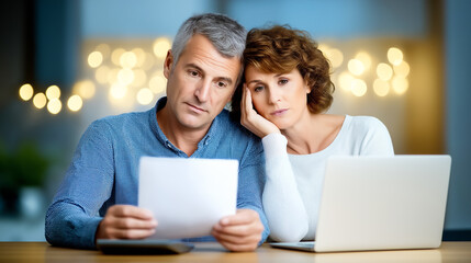 Couple sits closely together, looking at documents with worried expressions. Warm light creates intimate setting in living room. Concept of family, communication, stress management