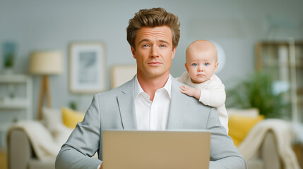 Man focused on laptop with baby resting on his shoulder in cozy home office. Bright and airy setting with yellow accents and soft furnishings. Concept of work-life balance, parenting, childcare