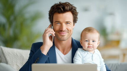 Man is talking on the phone with a smile while holding a baby in his lap. Bright home office with modern decor creates a warm atmosphere. Concept of family, remote work, parenting