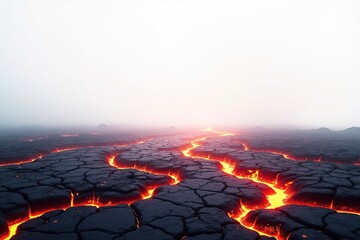 Lava flowing through cracked earth, horizon disappearing in fog.