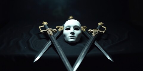 Mask and swords on a dark draped cloth, mystery and danger.