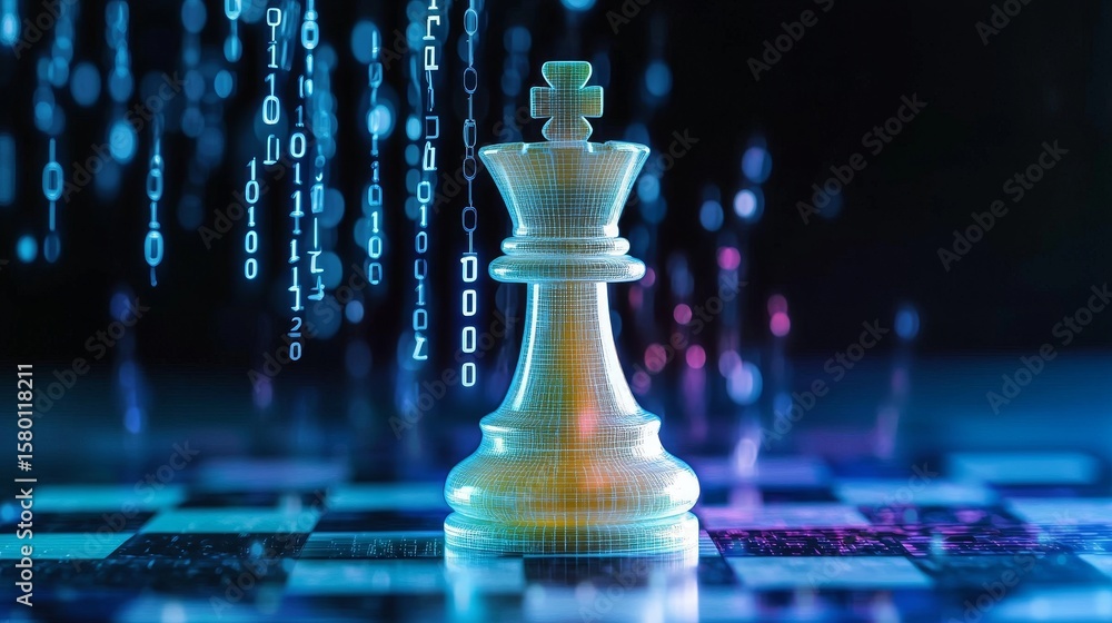 Poster digital chess strategy ai-powered king navigates cyber board with binary code for smart moves