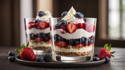 Delicious berry parfait featuring layers of strawberries, blueberries, and whipped cream, perfect...