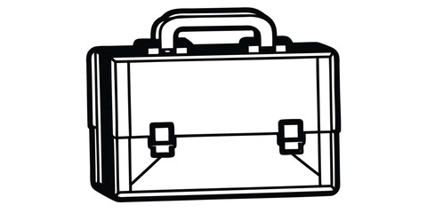 Illustration of a black and white briefcase with a handle and two clasps in a line drawing style