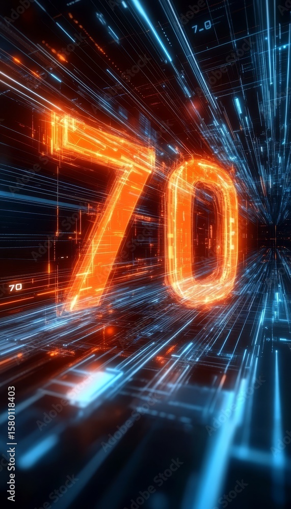Poster vibrant 3d representation of number seventy on a bright cyan background with circuit board design