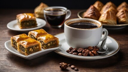 A delightful scene featuring traditional baklava and coffee, evoking warmth and indulgence.