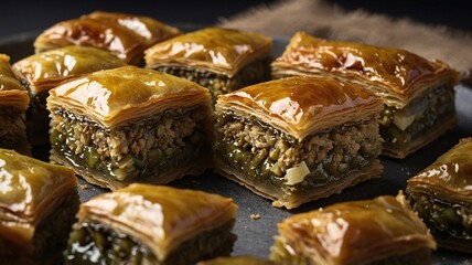 Delicious slices of golden baklava drizzled with honey, showcasing layers of flaky pastry and nut filling.
