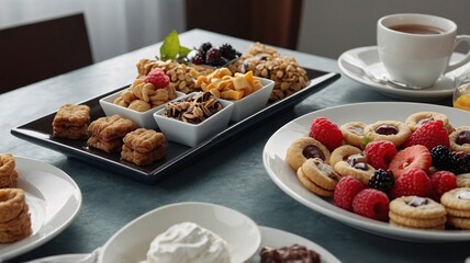 An inviting spread of assorted pastries and desserts, featuring cookies, fruit, and a warm beverage.