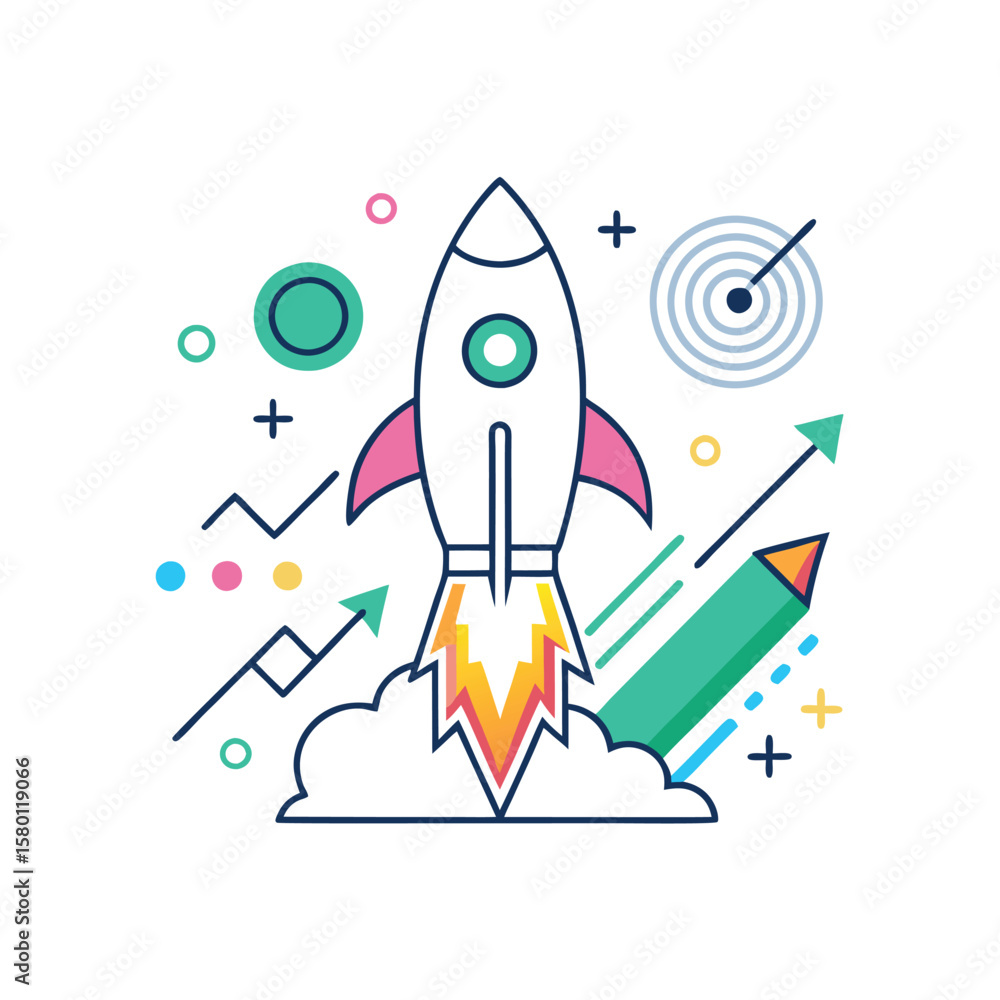 Poster rocket launching with arrows and target symbolizing growth and success
