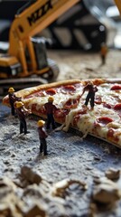 Big pizza with mini workers on it.

