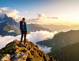 Hiker Conquers Mountain Peak at Sunset