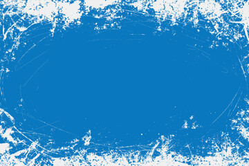 Flat blue and white grunge background. Distress weathered rough overlay texture with scratch lines. Grunge frame design with white paint spots. Winter texture 