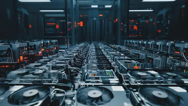Crypto mining rigs are displayed in a server room, showcasing hashrate statistics and GPU fans cooling down as temperature warnings flash. Energy cost calculations are tracked in real-time