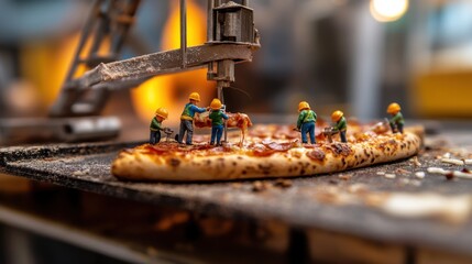 Big pizza with mini workers on it.

