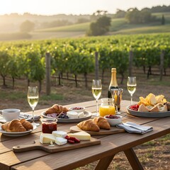 Romantic vineyard breakfast with champagne cheese and croissants at sunrise