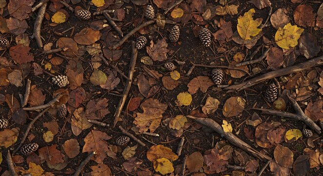 Autumn forest floor covered in brown leaves yellow leaves pinecones and scattered twigs
