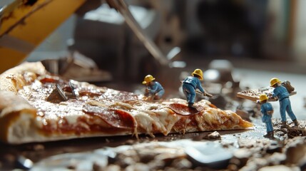 Big pizza with mini workers on it.

