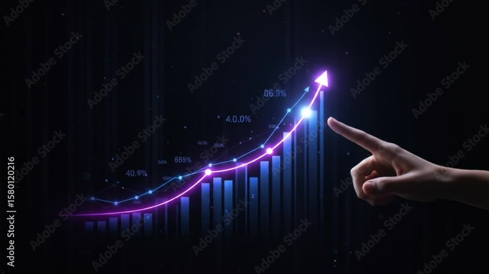 Poster a digital display showing an upward trending line graph with a hand gesturing towards the peak point