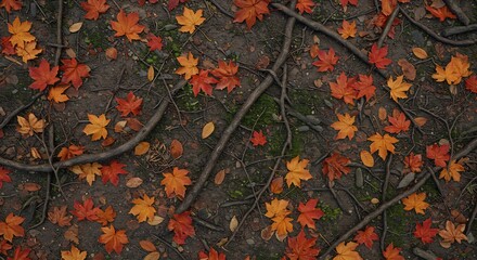 Autumn leaves intertwining tree roots and moss patches on a dirt forest floor