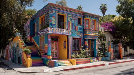 Obraz premium Vibrant painted house with colorful murals, surrounded by lush greenery in a sunny neighborhood.