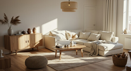 A bright and cozy living room with neutral tones and natural light