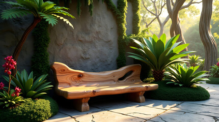 Outdoor scene with handcrafted wooden bench and vibrant flora beneath soft sunlight in peaceful park setting