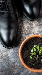 Black leather shoes next to a pot of soil with green sprouts. Top view. 
