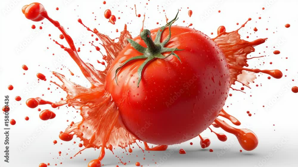 Poster fresh red tomato bursting with water droplets and vibrant splashes, creating a dynamic visual effect