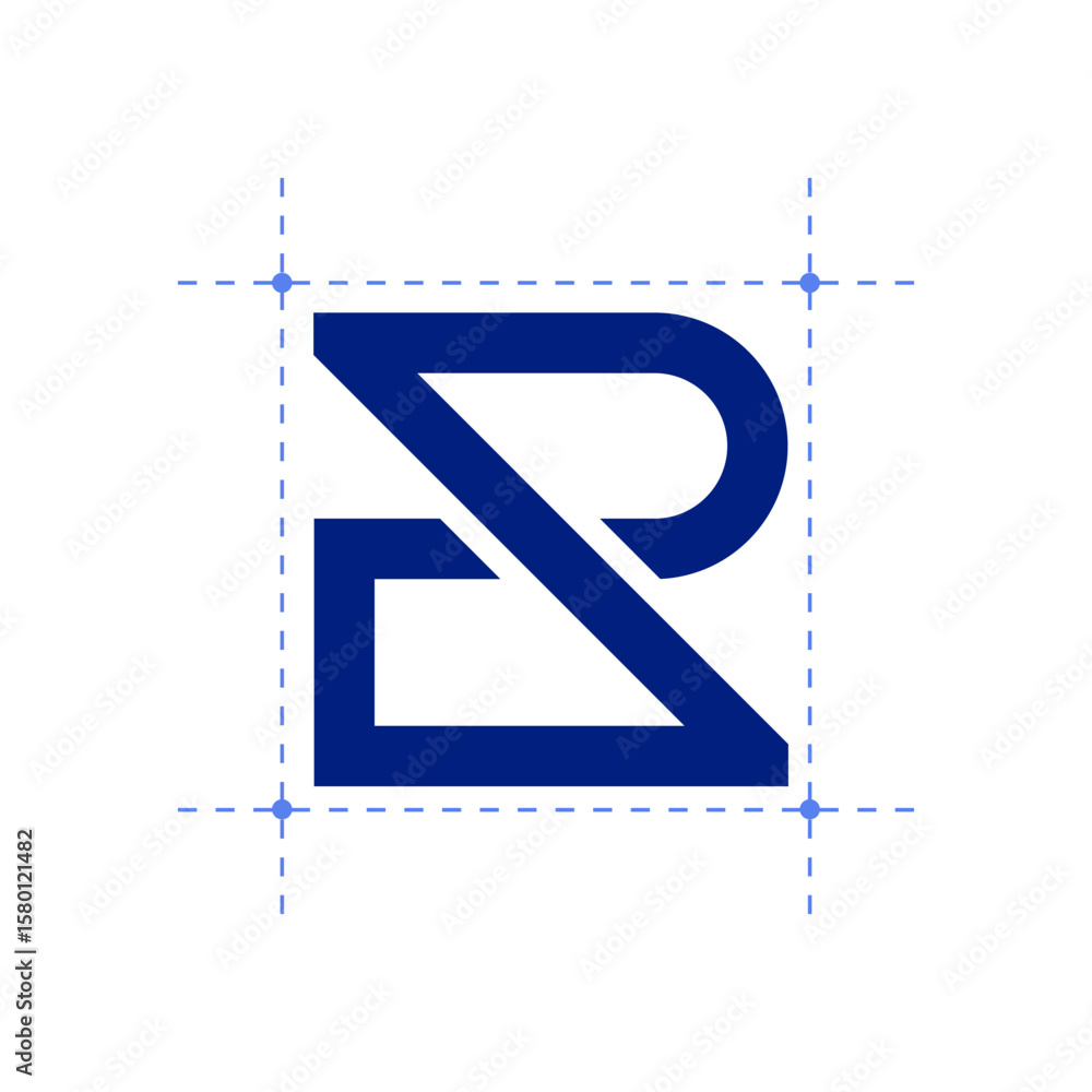 Poster a bold, modern blue outline logo representing an abstract letter 'r' or 'b' within a grid, emphasizi