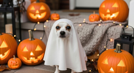 Adorable small dog dressed as a ghost surrounded by illuminated carved pumpkins and string lights during festive halloween celebration on cozy front porch