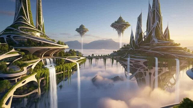 A majestic cinematic fly-through of a futuristic, eco-friendly floating city above the clouds at sunrise, a vision of utopia and advanced technology.
