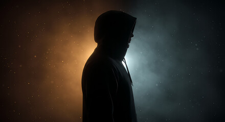 Silhouette of a person wearing a hood, shrouded in darkness, against a backdrop of orange and blue smoke.