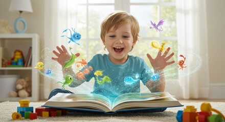 Enthralled boy discovering a magical world brought to life by an enchanted book