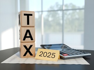 TAX written on wooden cubes over a calculator with spreadsheets and a sticky note reading 2025, symbolizing future tax planning, accounting and finance