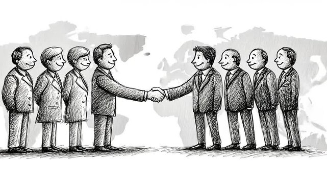 Business professionals engaged in a handshake, symbolizing partnership and collaboration, with a world map in the background