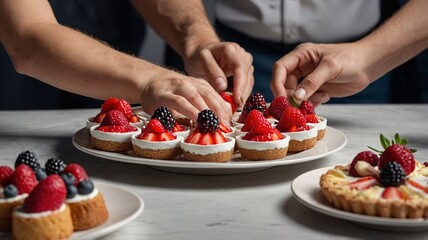 Hands of two individuals, one male and one female, decorate fruit tarts with fresh strawberries and blackberries.