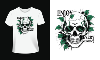 Skull with Green Leaves Vector T-Shirt Design – Botanical Grunge Art with Vines