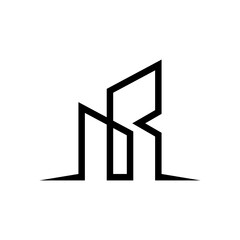 A modern, minimalist black line art logo forming an abstract city skyline or building, with elements that suggest the letters 