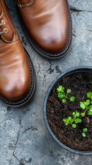 Brown leather shoes next to a pot of soil with green sprouts. Top view