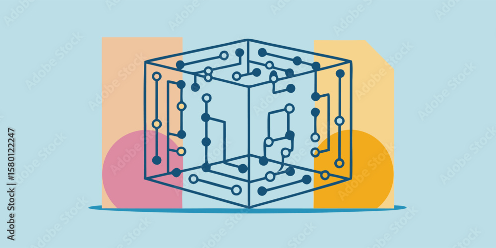 Poster geometric cube with circuit board pattern and colorful background shapes illustration design art