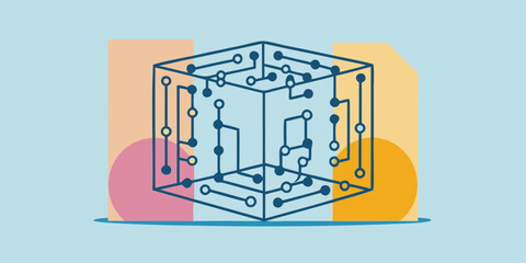 Geometric cube with circuit board pattern and colorful background shapes illustration design art