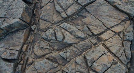 Closeup of a fractured rock surface with irregular cracks displaying shades of grey brown and hints of blue
