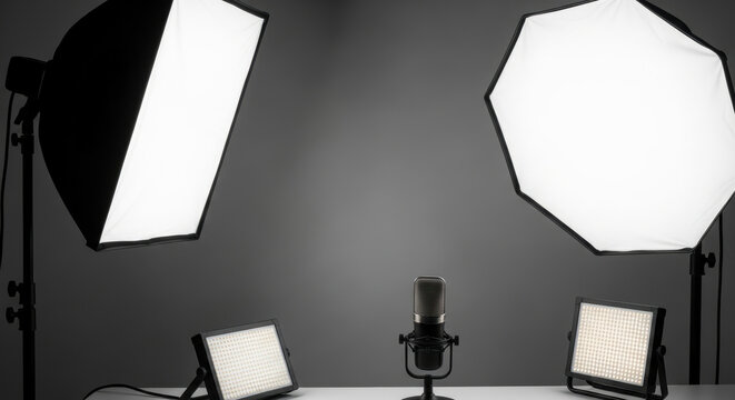 Professional podcast recording studio setup with central microphone, softbox lighting equipment, and led panels for content creators, interviews, or streaming sessions