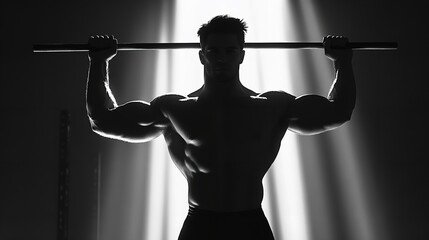 Bodybuilder silhouette workout training pull up bar fitness gym muscular strength exercise black and white