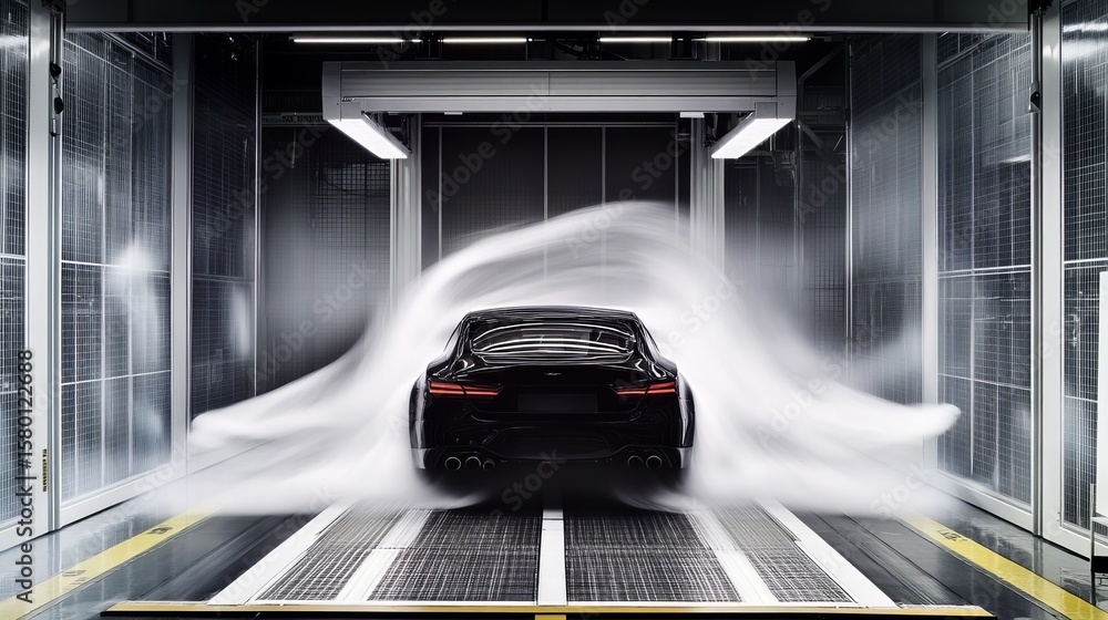 Poster high-speed automotive aerodynamic testing in a wind tunnel with precision engineering and design
